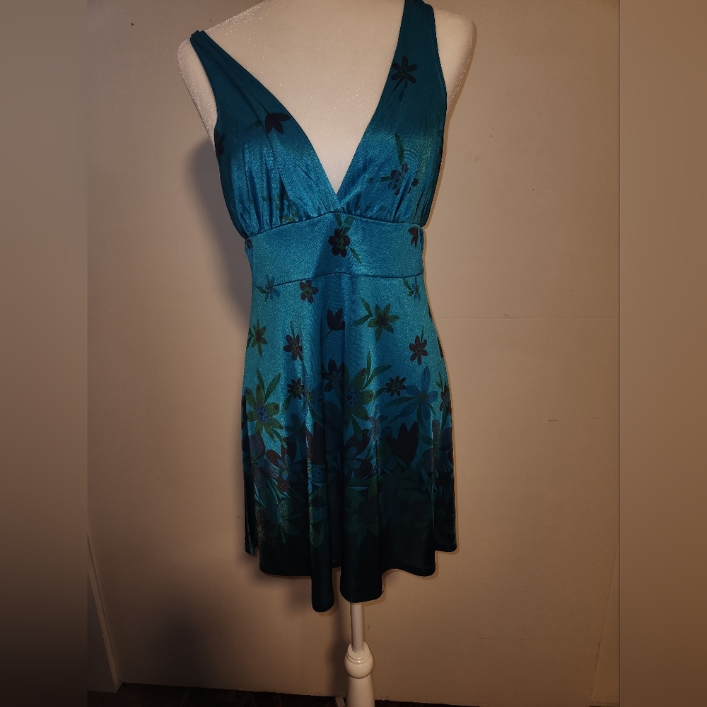 NWT Y2k Teal Turqoise Blue Retro Floral Botanical Silky Tunic Top Mini Dress